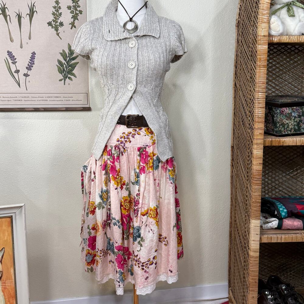 Vtg 90s Y2k Floral Pleated Eyelet Lace Skirt Cottage Prairie Coquette Dolly S